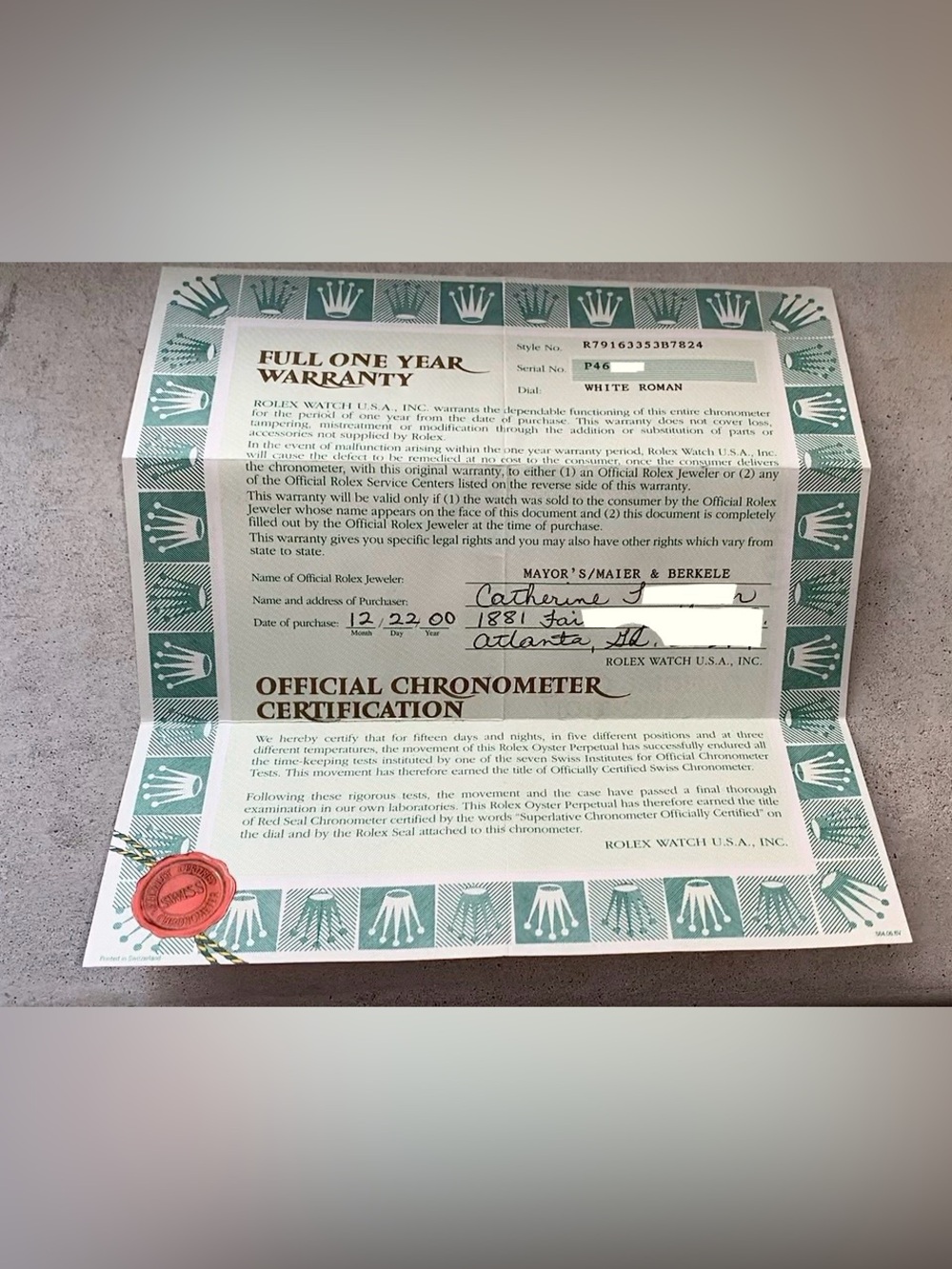 ROLEX Datejust Warranty Certificate Guarantee 2000 Oyster Perpetual P Serial USA